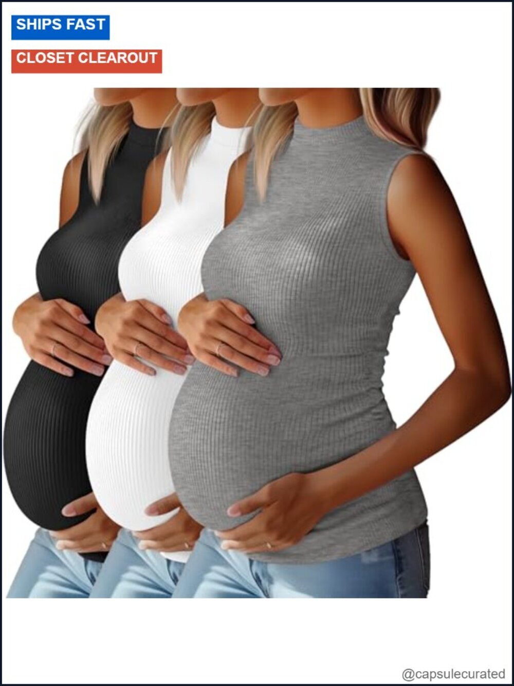 3 Pack Cotton Mock Turtleneck Maternity Tank Tops Sleeveless Side Ruched Shirts